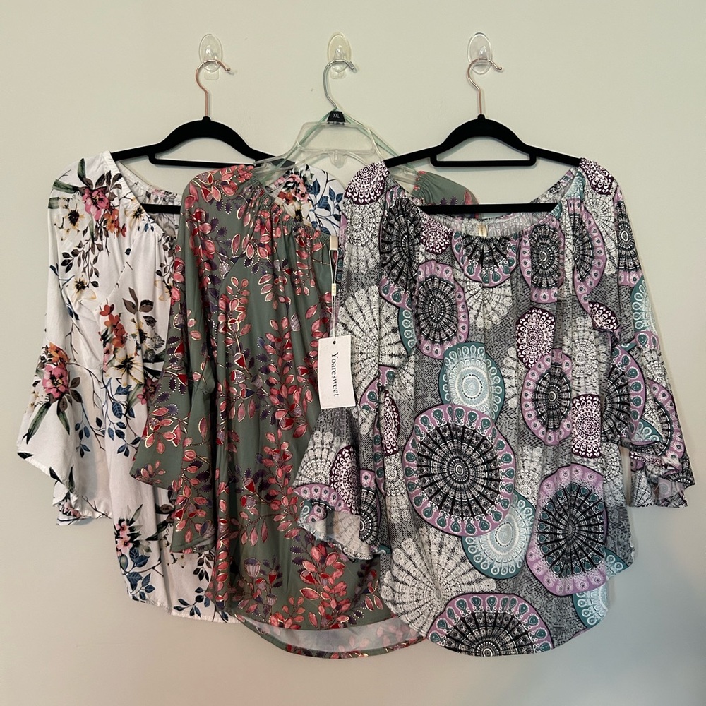 You are sweet Sz Med bundle of 3 trumpet sleeve blouses. One NWT/2 VEUC.